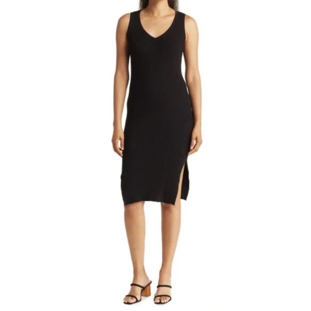 Magaschoni Ribbed Knit Black Sweater Dress V Neck Slit Size L